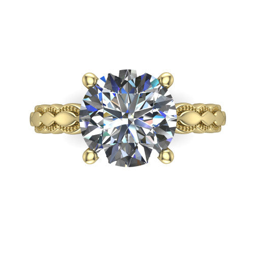 Flora round solitaire engagement ring in 18K Yellow Gold, top-down view showing the round center and the scalloped openwork band