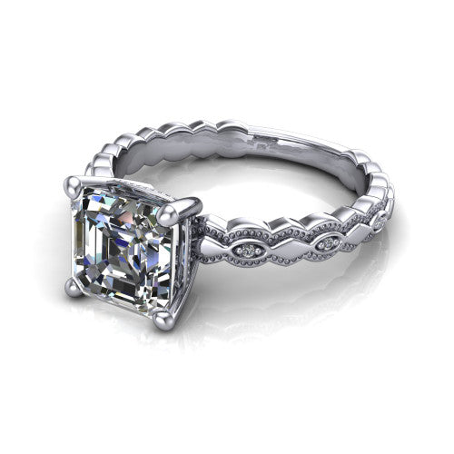 Ivy asscher solitaire engagement ring in 14K White Gold, three-quarter perspective showing the solitaire center diamond above a vintage marquise-and-dot milgrain band