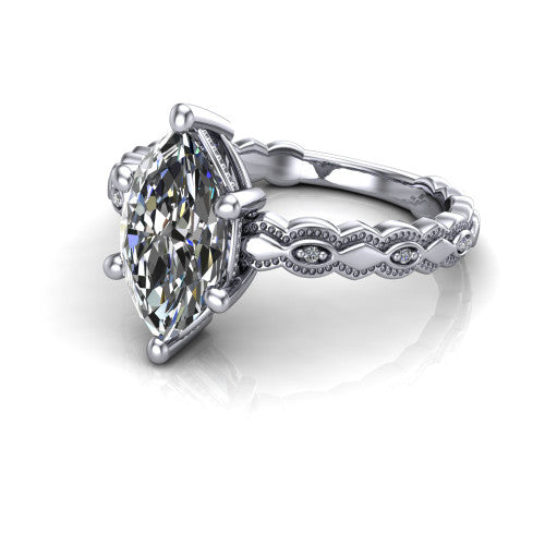 Ivy marquise solitaire engagement ring in 14K White Gold, three-quarter perspective showing the solitaire center diamond above a vintage marquise-and-dot milgrain band