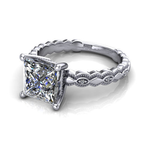 Ivy princess solitaire engagement ring in Platinum, three-quarter perspective showing the solitaire center diamond above a vintage marquise-and-dot milgrain band