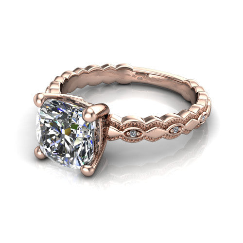 Ivy cushion solitaire engagement ring in 18K Rose Gold, three-quarter perspective showing the solitaire center diamond above a vintage marquise-and-dot milgrain band