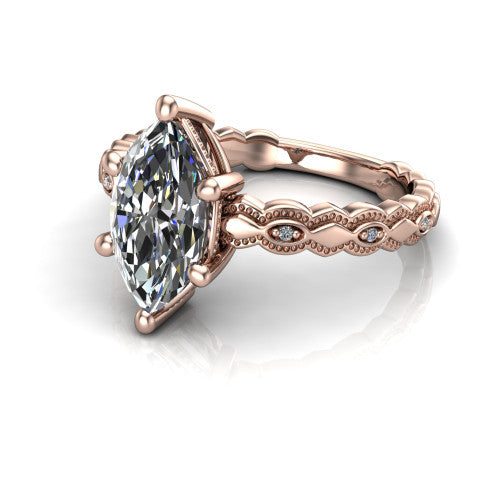 Ivy marquise solitaire engagement ring in 18K Rose Gold, three-quarter perspective showing the solitaire center diamond above a vintage marquise-and-dot milgrain band