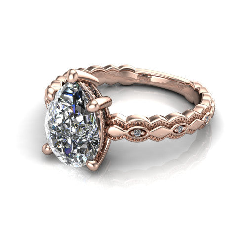 Ivy pear solitaire engagement ring in 14K Rose Gold, three-quarter perspective showing the solitaire center diamond above a vintage marquise-and-dot milgrain band