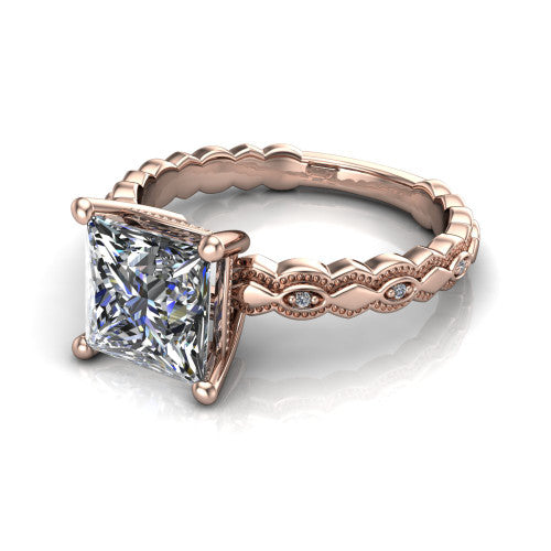 Ivy princess solitaire engagement ring in 18K Rose Gold, three-quarter perspective showing the solitaire center diamond above a vintage marquise-and-dot milgrain band