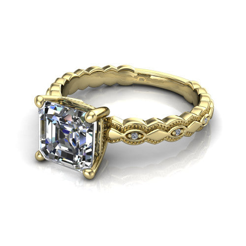 Ivy asscher solitaire engagement ring in 14K Yellow Gold, three-quarter perspective showing the solitaire center diamond above a vintage marquise-and-dot milgrain band