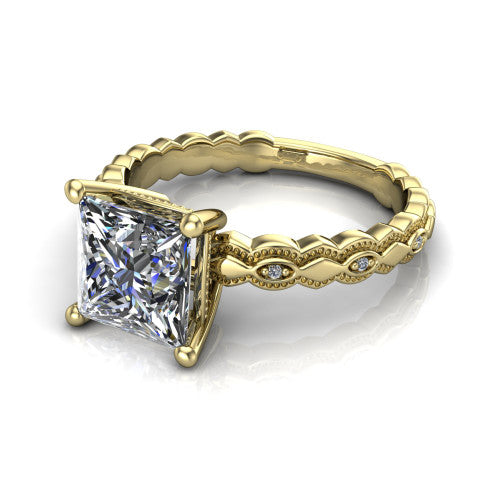Ivy princess solitaire engagement ring in 18K Yellow Gold, three-quarter perspective showing the solitaire center diamond above a vintage marquise-and-dot milgrain band