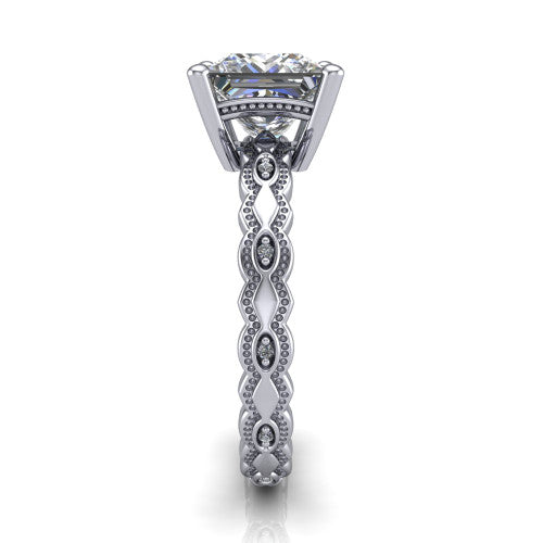 Ivy princess solitaire engagement ring in 14K White Gold, side profile showing the milgrain marquise shapes and bezel-set round accents around the shank