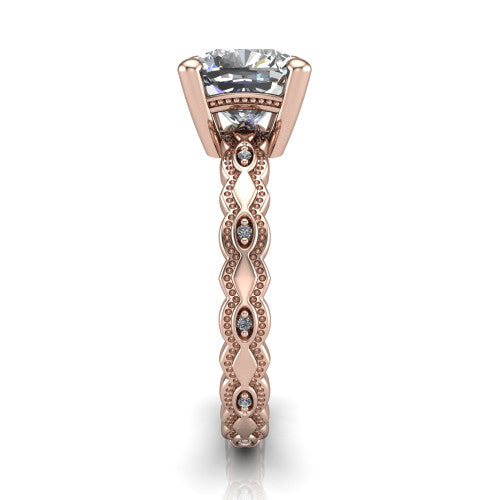 Ivy cushion solitaire engagement ring in 18K Rose Gold, side profile showing the milgrain marquise shapes and bezel-set round accents around the shank