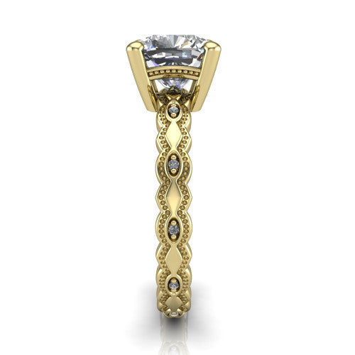 Ivy cushion solitaire engagement ring in 14K Yellow Gold, side profile showing the milgrain marquise shapes and bezel-set round accents around the shank