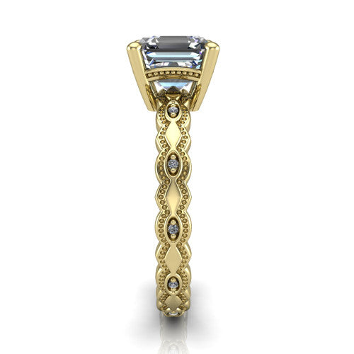 Ivy asscher solitaire engagement ring in 18K Yellow Gold, side profile showing the milgrain marquise shapes and bezel-set round accents around the shank