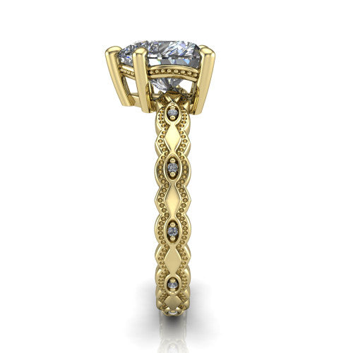 Ivy heart solitaire engagement ring in 18K Yellow Gold, side profile showing the milgrain marquise shapes and bezel-set round accents around the shank