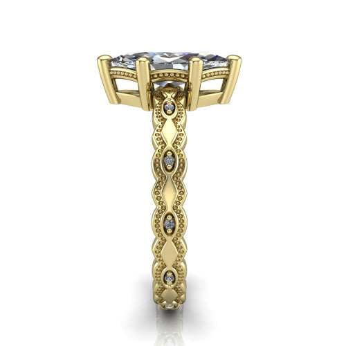 Ivy marquise solitaire engagement ring in 18K Yellow Gold, side profile showing the milgrain marquise shapes and bezel-set round accents around the shank
