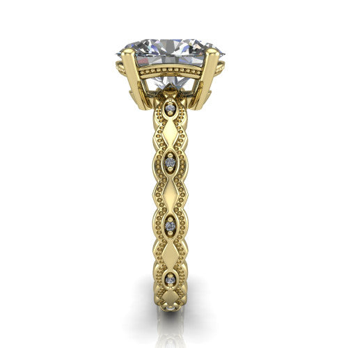 Ivy oval solitaire engagement ring in 18K Yellow Gold, side profile showing the milgrain marquise shapes and bezel-set round accents around the shank