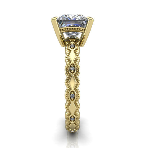 Ivy princess solitaire engagement ring in 14K Yellow Gold, side profile showing the milgrain marquise shapes and bezel-set round accents around the shank