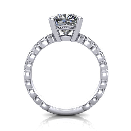 Ivy cushion solitaire engagement ring in 14K White Gold, through-finger front profile showing the solitaire head raised above the marquise-station band