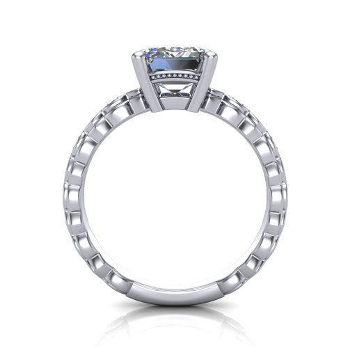 Ivy emerald solitaire engagement ring in 14K White Gold, through-finger front profile showing the solitaire head raised above the marquise-station band
