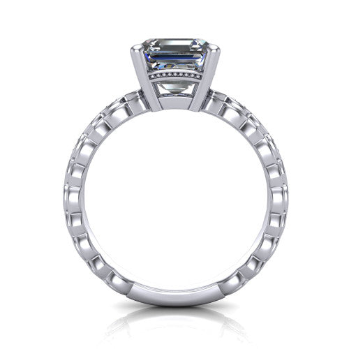 Ivy asscher solitaire engagement ring in Platinum, through-finger front profile showing the solitaire head raised above the marquise-station band