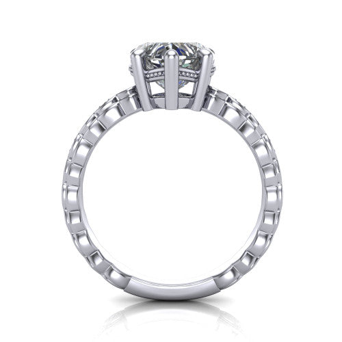 Ivy heart solitaire engagement ring in Platinum, through-finger front profile showing the solitaire head raised above the marquise-station band
