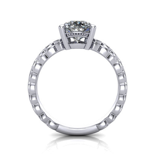 Ivy pear solitaire engagement ring in 18K White Gold, through-finger front profile showing the solitaire head raised above the marquise-station band