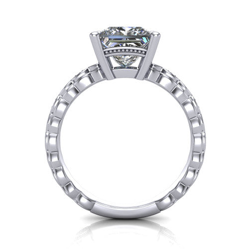 Ivy princess solitaire engagement ring in Platinum, through-finger front profile showing the solitaire head raised above the marquise-station band