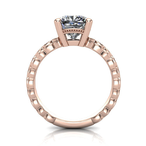 Ivy cushion solitaire engagement ring in 18K Rose Gold, through-finger front profile showing the solitaire head raised above the marquise-station band