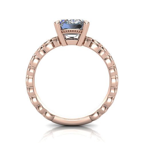 Ivy emerald solitaire engagement ring in 14K Rose Gold, through-finger front profile showing the solitaire head raised above the marquise-station band