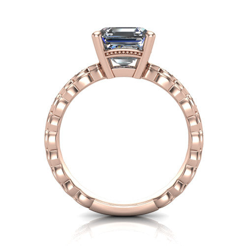 Ivy asscher solitaire engagement ring in 14K Rose Gold, through-finger front profile showing the solitaire head raised above the marquise-station band