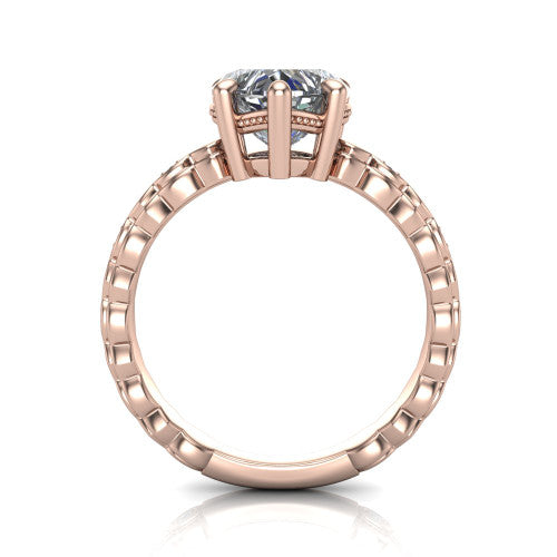 Ivy heart solitaire engagement ring in 18K Rose Gold, through-finger front profile showing the solitaire head raised above the marquise-station band