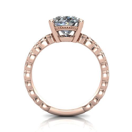 Ivy oval solitaire engagement ring in 18K Rose Gold, through-finger front profile showing the solitaire head raised above the marquise-station band