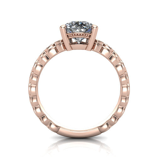 Ivy pear solitaire engagement ring in 18K Rose Gold, through-finger front profile showing the solitaire head raised above the marquise-station band