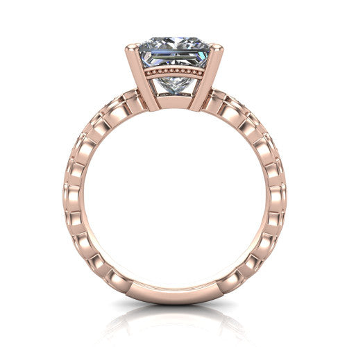 Ivy princess solitaire engagement ring in 14K Rose Gold, through-finger front profile showing the solitaire head raised above the marquise-station band