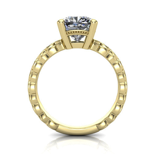Ivy cushion solitaire engagement ring in 14K Yellow Gold, through-finger front profile showing the solitaire head raised above the marquise-station band
