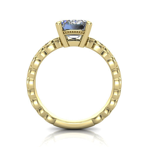 Ivy emerald solitaire engagement ring in 14K Yellow Gold, through-finger front profile showing the solitaire head raised above the marquise-station band