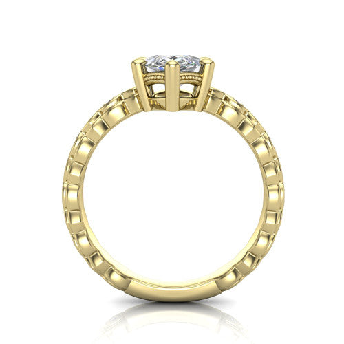 Ivy marquise solitaire engagement ring in 14K Yellow Gold, through-finger front profile showing the solitaire head raised above the marquise-station band
