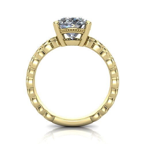 Ivy oval solitaire engagement ring in 14K Yellow Gold, through-finger front profile showing the solitaire head raised above the marquise-station band