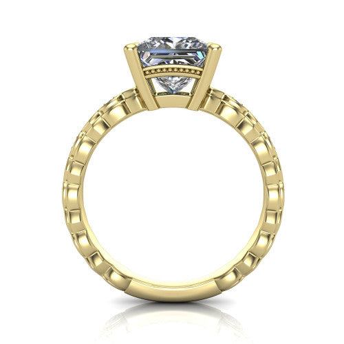 Ivy princess solitaire engagement ring in 14K Yellow Gold, through-finger front profile showing the solitaire head raised above the marquise-station band