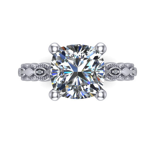 Ivy cushion solitaire engagement ring in 14K White Gold, top-down view showing the prong-set center diamond over a patterned milgrain eternity band