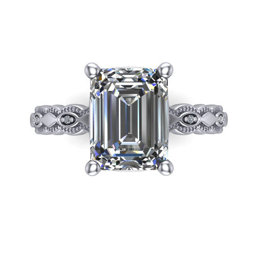 Ivy emerald solitaire engagement ring in 14K White Gold, top-down view showing the prong-set center diamond over a patterned milgrain eternity band