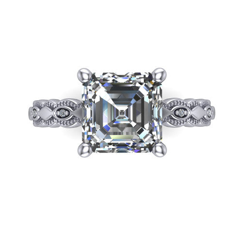 Ivy asscher solitaire engagement ring in 14K White Gold, top-down view showing the prong-set center diamond over a patterned milgrain eternity band