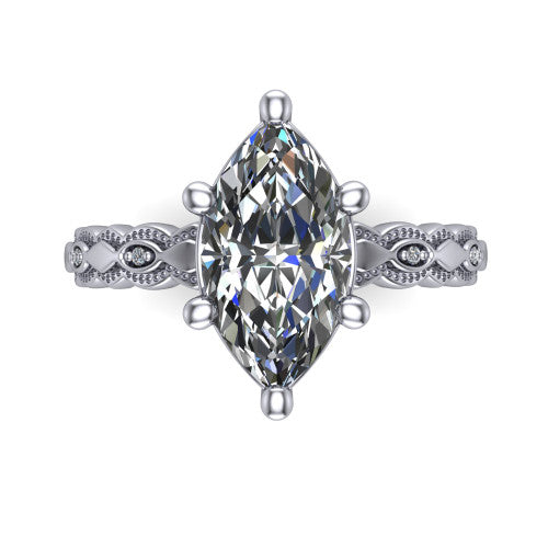 Ivy marquise solitaire engagement ring in 14K White Gold, top-down view showing the prong-set center diamond over a patterned milgrain eternity band
