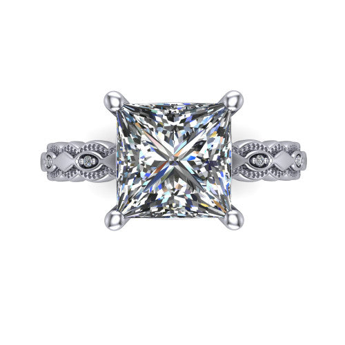 Ivy princess solitaire engagement ring in Platinum, top-down view showing the prong-set center diamond over a patterned milgrain eternity band