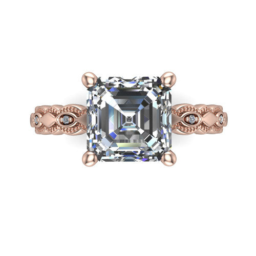 Ivy asscher solitaire engagement ring in 18K Rose Gold, top-down view showing the prong-set center diamond over a patterned milgrain eternity band