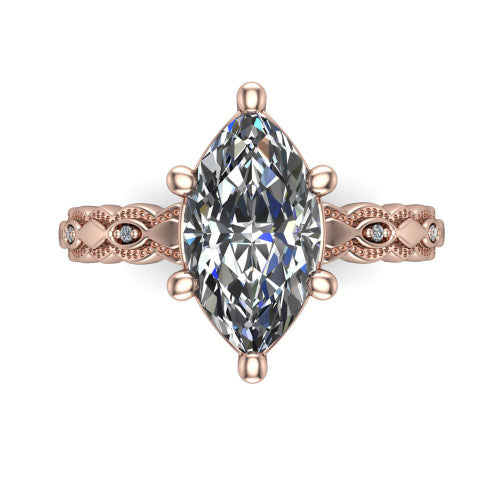 Ivy marquise solitaire engagement ring in 14K Rose Gold, top-down view showing the prong-set center diamond over a patterned milgrain eternity band