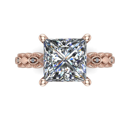 Ivy princess solitaire engagement ring in 18K Rose Gold, top-down view showing the prong-set center diamond over a patterned milgrain eternity band