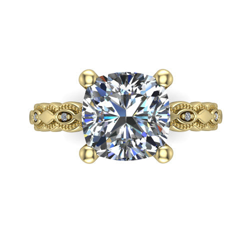 Ivy cushion solitaire engagement ring in 14K Yellow Gold, top-down view showing the prong-set center diamond over a patterned milgrain eternity band