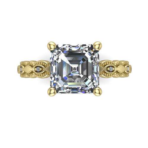 Ivy asscher solitaire engagement ring in 18K Yellow Gold, top-down view showing the prong-set center diamond over a patterned milgrain eternity band