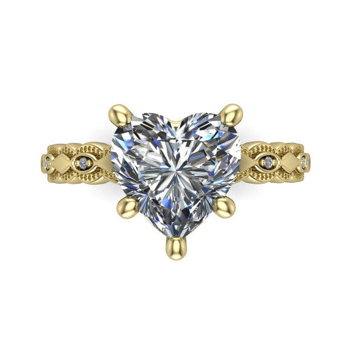 Ivy heart solitaire engagement ring in 18K Yellow Gold, top-down view showing the prong-set center diamond over a patterned milgrain eternity band