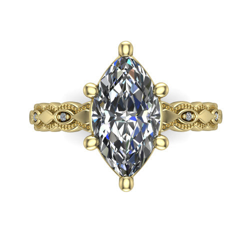 Ivy marquise solitaire engagement ring in 18K Yellow Gold, top-down view showing the prong-set center diamond over a patterned milgrain eternity band