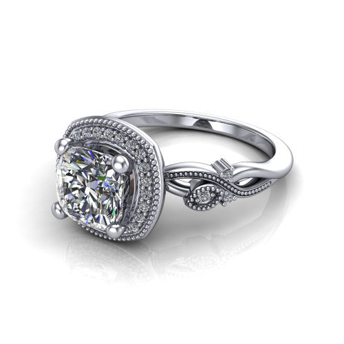 Eliana cushion halo engagement ring in 18K White Gold, three-quarter perspective showing the milgrain-edged halo center above vintage filigree scroll shoulders