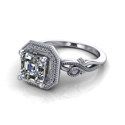 Eliana asscher halo engagement ring in 18K White Gold, three-quarter perspective showing the milgrain-edged halo center above vintage filigree scroll shoulders